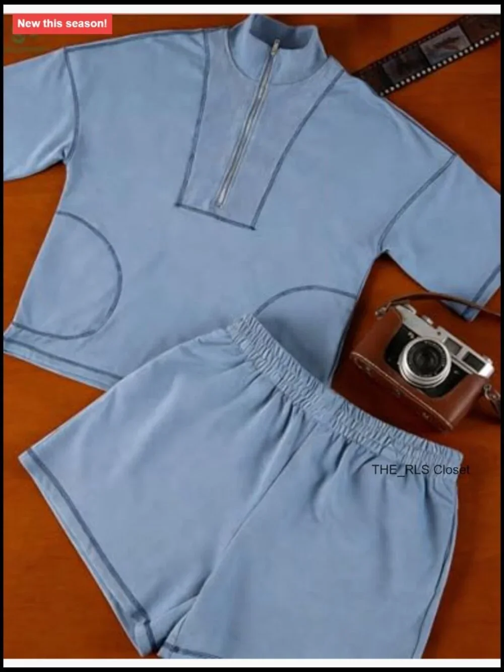 Cotton Blend Matching Set Half-Zip Top and Shorts with Pockets